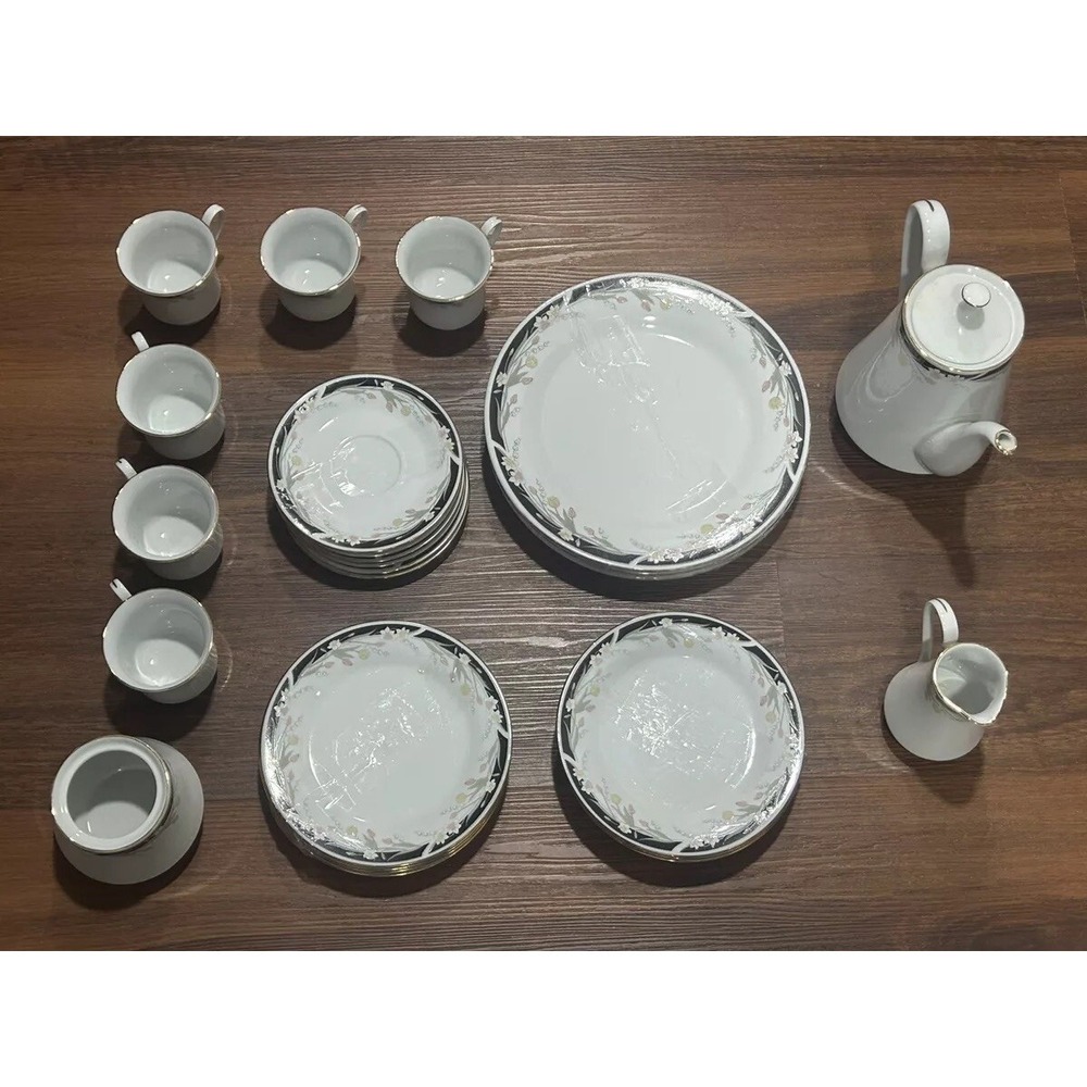 Crown Ming Fine China Michelle Tea Set Cups Saucer‎ Milk Sugar Pot Plates 27 Pcs